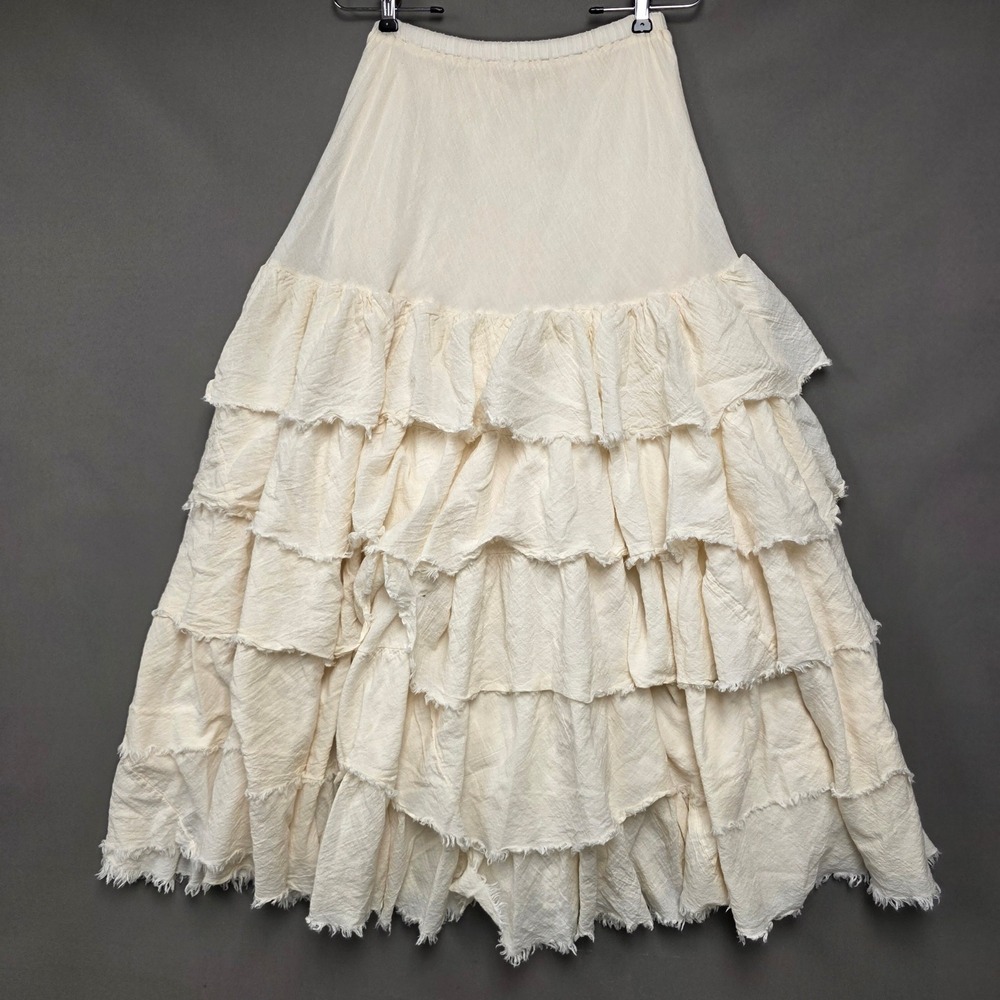 Ivory Gypsy Maxi Skirt Women's Ruffle Tiered Raw Hem Boho Cream Size M/L